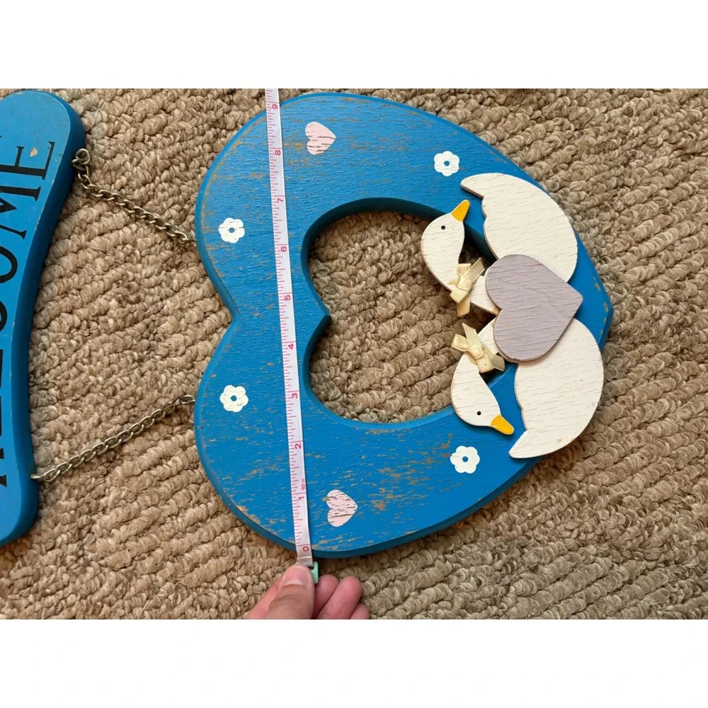 Vintage Wooden Welcome goose Sign Blue Heart Geese Country Cottage Wall Decor
